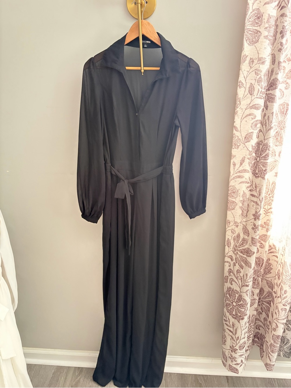 Fashion Nova Black Long-Sleeve Belted Jumpsuit